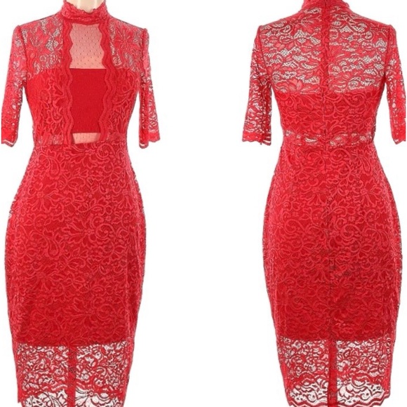 ❤️EXPRESS all over lace mock neck red sheath dress Size8 excellent like new cond - Picture 4 of 5